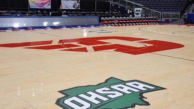 The court at The University of Dayton Arena is ready for the OHSAA state tournament.